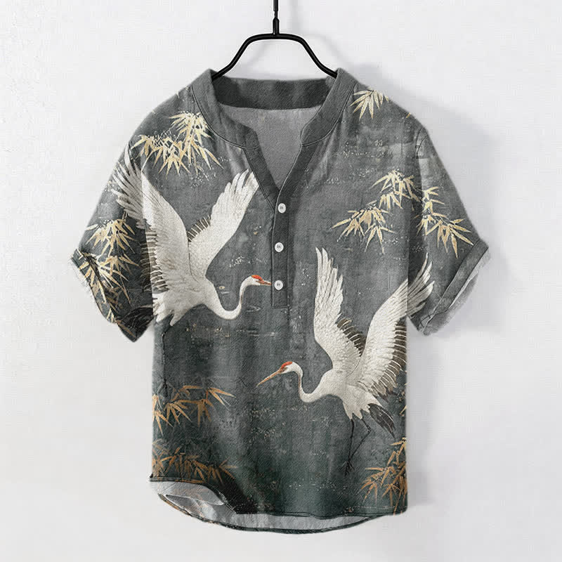 Buddha Stones Chemise homme à manches courtes et demi-boutons, motif grue et bambou en coton - Gris foncé - US/UK/AU50，EU60 (5XL) - image 5