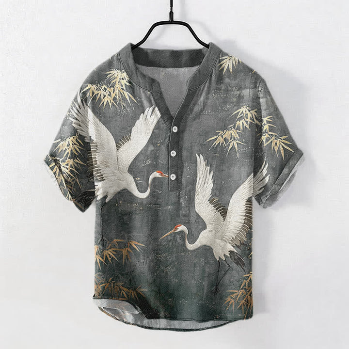 Buddha Stones Chemise homme à manches courtes et demi-boutons, motif grue et bambou en coton - Gris foncé - US/UK/AU50，EU60 (5XL) - image 5