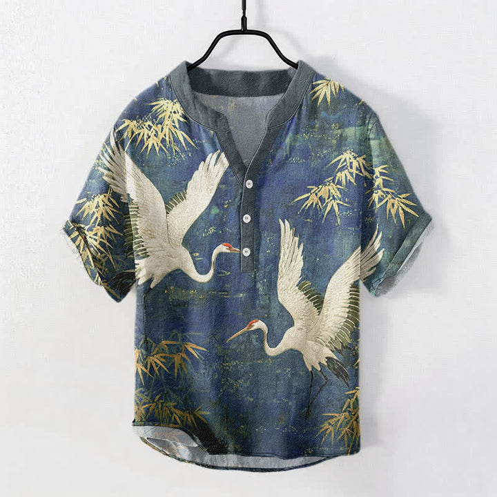 Buddha Stones Chemise homme à manches courtes et demi-boutons, motif grue et bambou en coton - Marine - US/UK/AU50，EU60 (5XL) - image 7