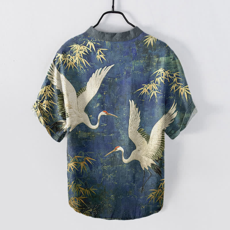 Buddha Stones Chemise homme à manches courtes et demi-boutons, motif grue et bambou en coton - image 8