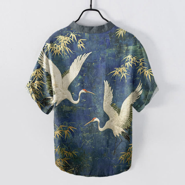 Buddha Stones Chemise homme à manches courtes et demi-boutons, motif grue et bambou en coton - image 8