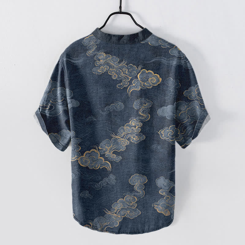 Buddha Stones Chemise à manches courtes et demi-boutonnée pour homme, en coton à motif nuage porte-bonheur - image 1