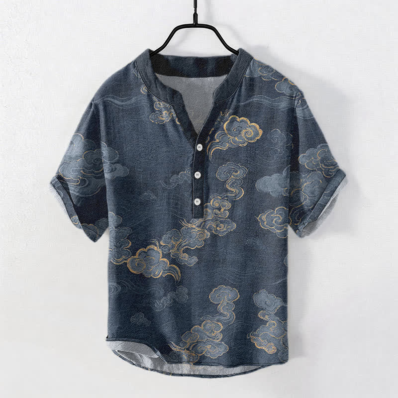 Buddha Stones Chemise à manches courtes et demi-boutonnée pour homme, en coton à motif nuage porte-bonheur - Marine - US/UK/AU50，EU60 (5XL) - image 0