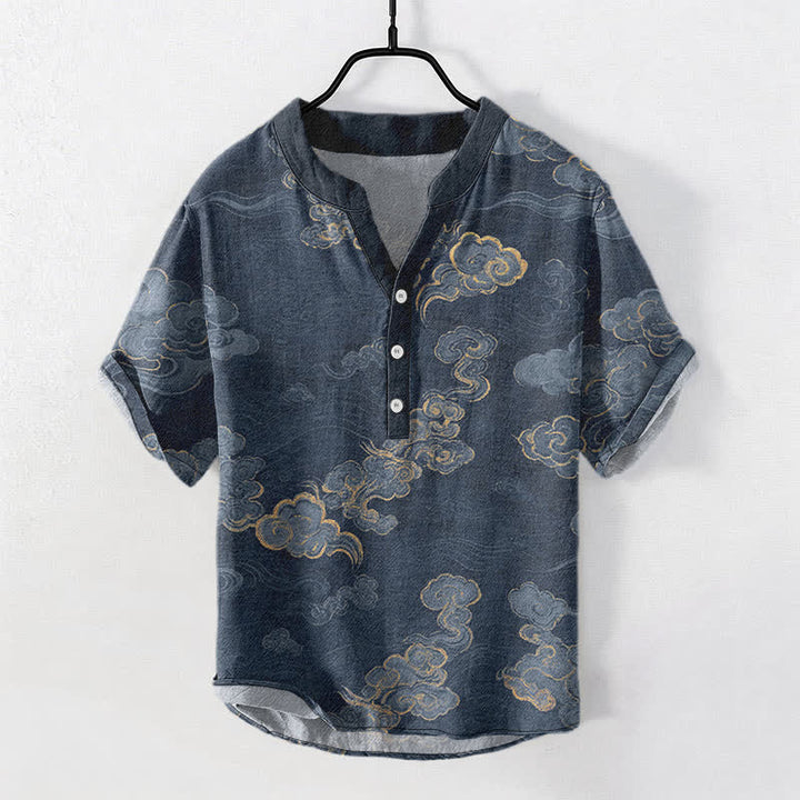 Buddha Stones Chemise à manches courtes et demi-boutonnée pour homme, en coton à motif nuage porte-bonheur - Marine - US/UK/AU50，EU60 (5XL) - image 0