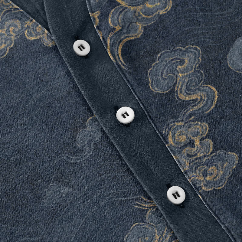 Buddha Stones Chemise à manches courtes et demi-boutonnée pour homme, en coton à motif nuage porte-bonheur - image 3
