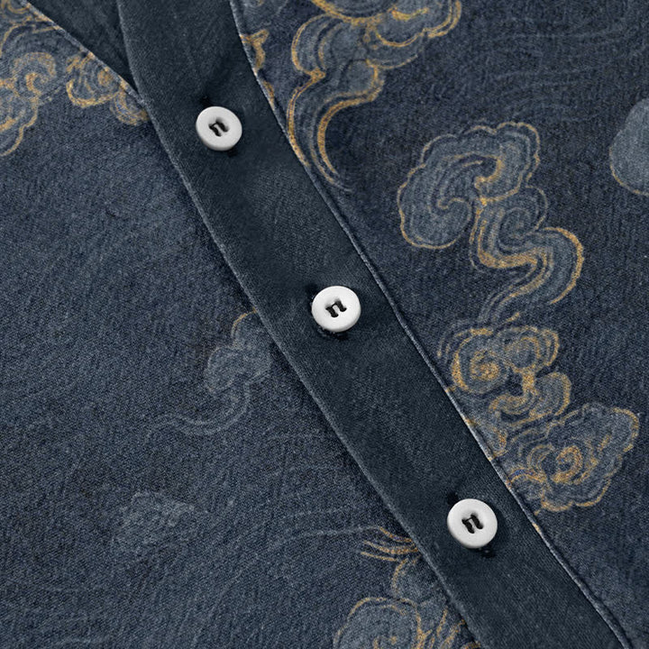 Buddha Stones Chemise à manches courtes et demi-boutonnée pour homme, en coton à motif nuage porte-bonheur - image 3