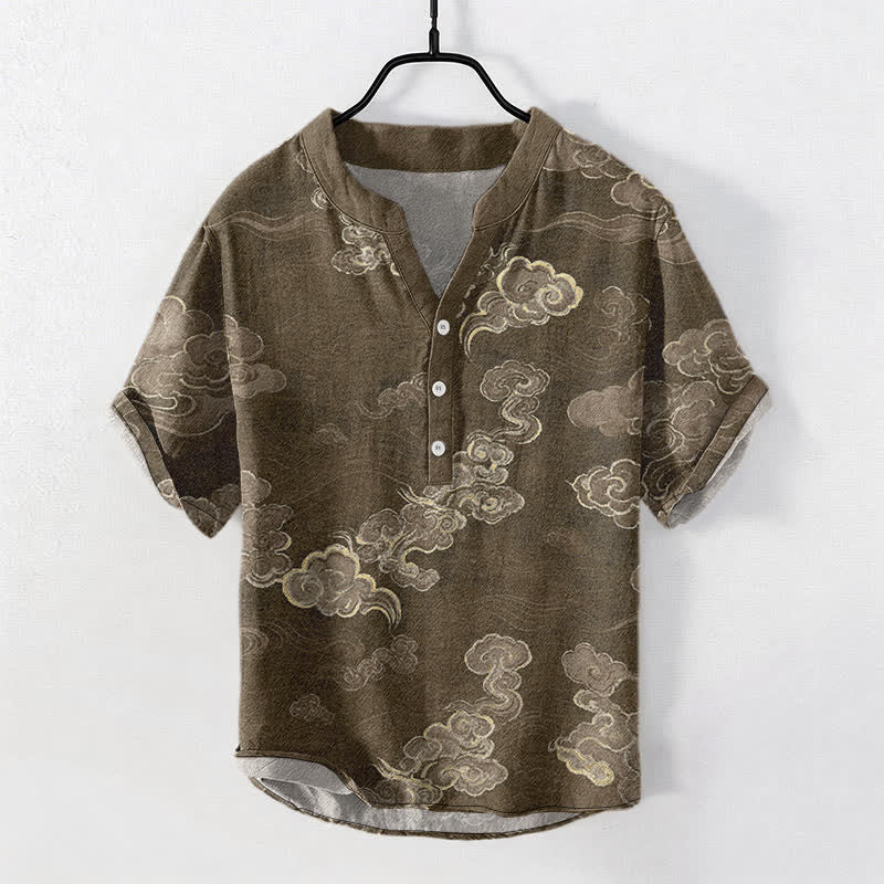 Buddha Stones Chemise à manches courtes et demi-boutonnée pour homme, en coton à motif nuage porte-bonheur - SaddleBrown - US/UK/AU50，EU60 (5XL) - image 5