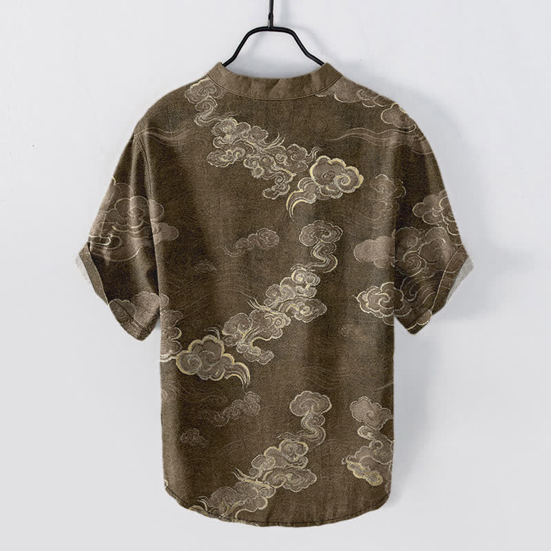 Buddha Stones Chemise à manches courtes et demi-boutonnée pour homme, en coton à motif nuage porte-bonheur - image 6