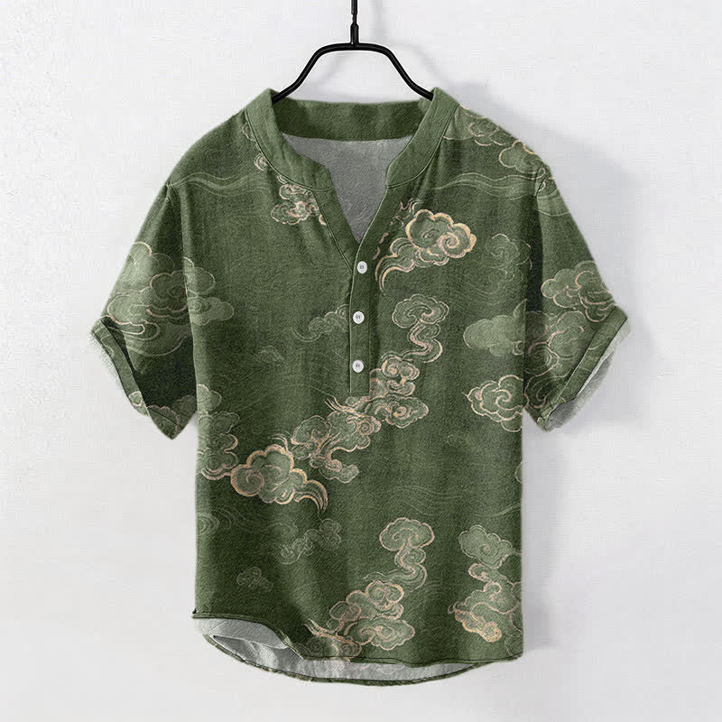 Buddha Stones Chemise à manches courtes et demi-boutonnée pour homme, en coton à motif nuage porte-bonheur - Vert olive - US/UK/AU50，EU60 (5XL) - image 7