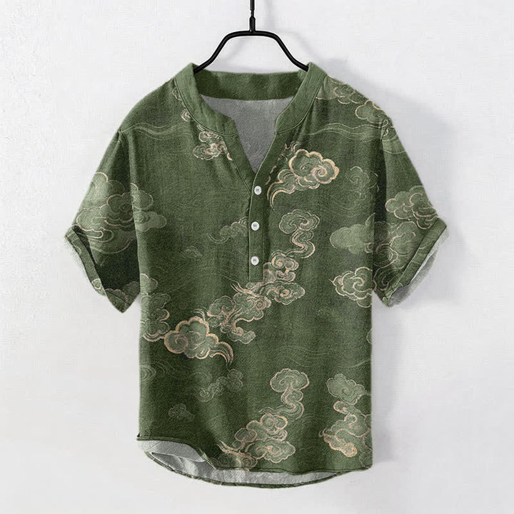 Buddha Stones Chemise à manches courtes et demi-boutonnée pour homme, en coton à motif nuage porte-bonheur - Vert olive - US/UK/AU50，EU60 (5XL) - image 7