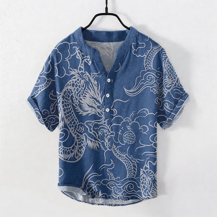 Buddha Stones Chemise à manches courtes pour homme en coton blanc à motif de nuage de dragon et demi-boutonnage - SteelBlue - US/UK/AU50，EU60 (5XL) - image 0