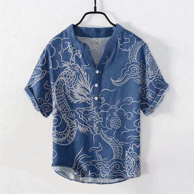 Buddha Stones Chemise à manches courtes pour homme en coton blanc à motif de nuage de dragon et demi-boutonnage - SteelBlue - US/UK/AU50，EU60 (5XL) - image 0