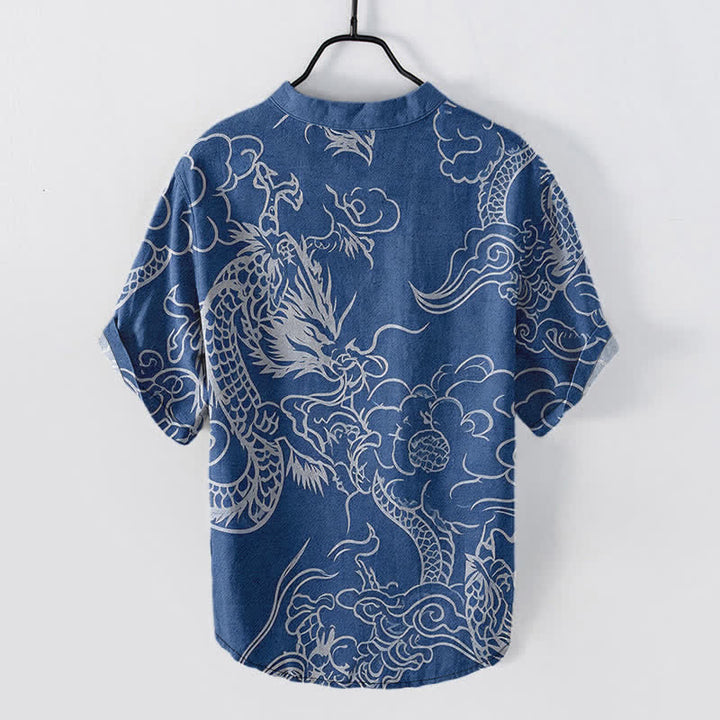 Buddha Stones Chemise à manches courtes pour homme en coton blanc à motif de nuage de dragon et demi-boutonnage - image 1
