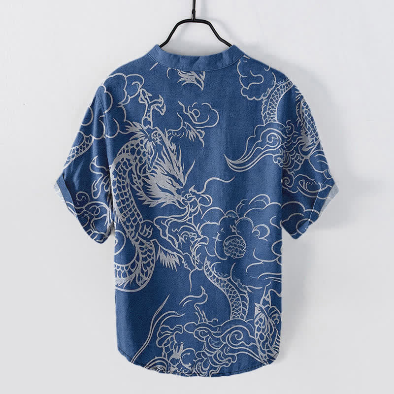 Buddha Stones Chemise à manches courtes pour homme en coton blanc à motif de nuage de dragon et demi-boutonnage - image 1