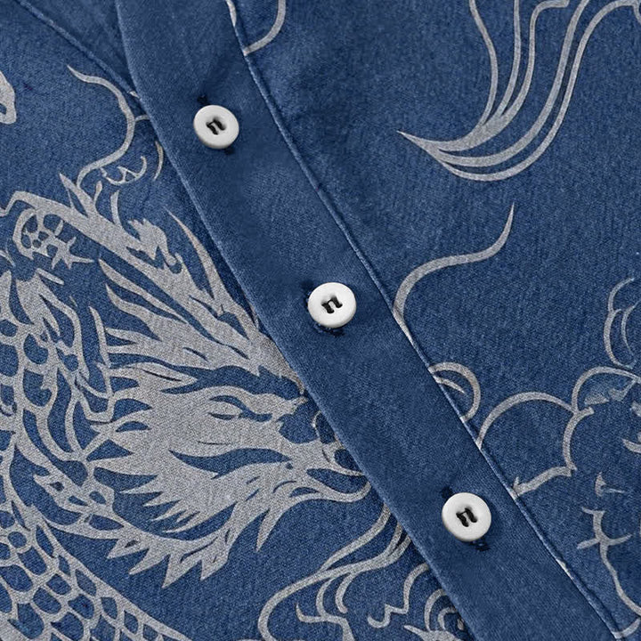 Buddha Stones Chemise à manches courtes pour homme en coton blanc à motif de nuage de dragon et demi-boutonnage - image 3