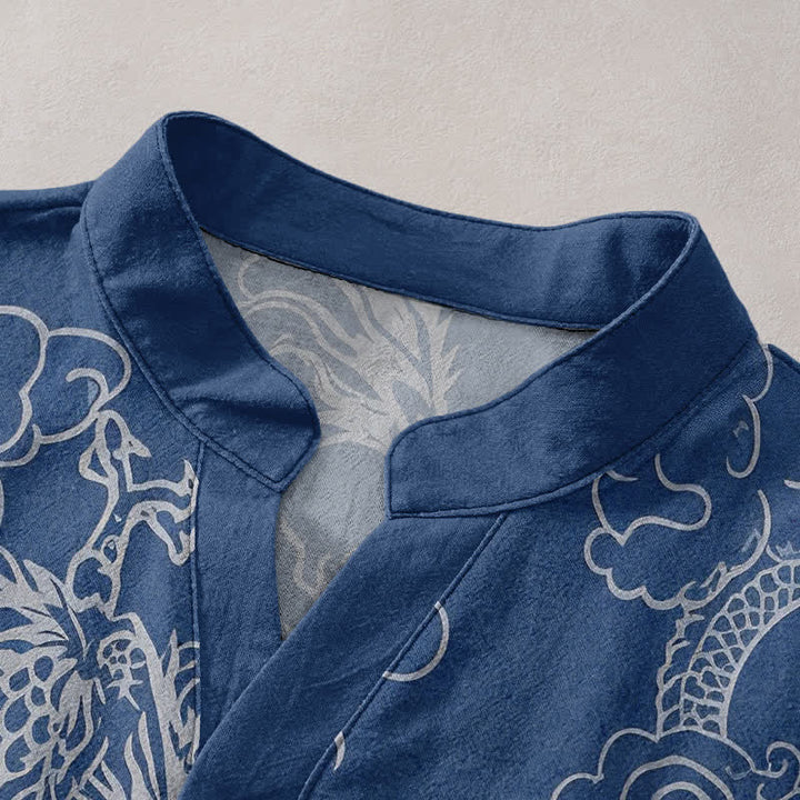 Buddha Stones Chemise à manches courtes pour homme en coton blanc à motif de nuage de dragon et demi-boutonnage - image 2