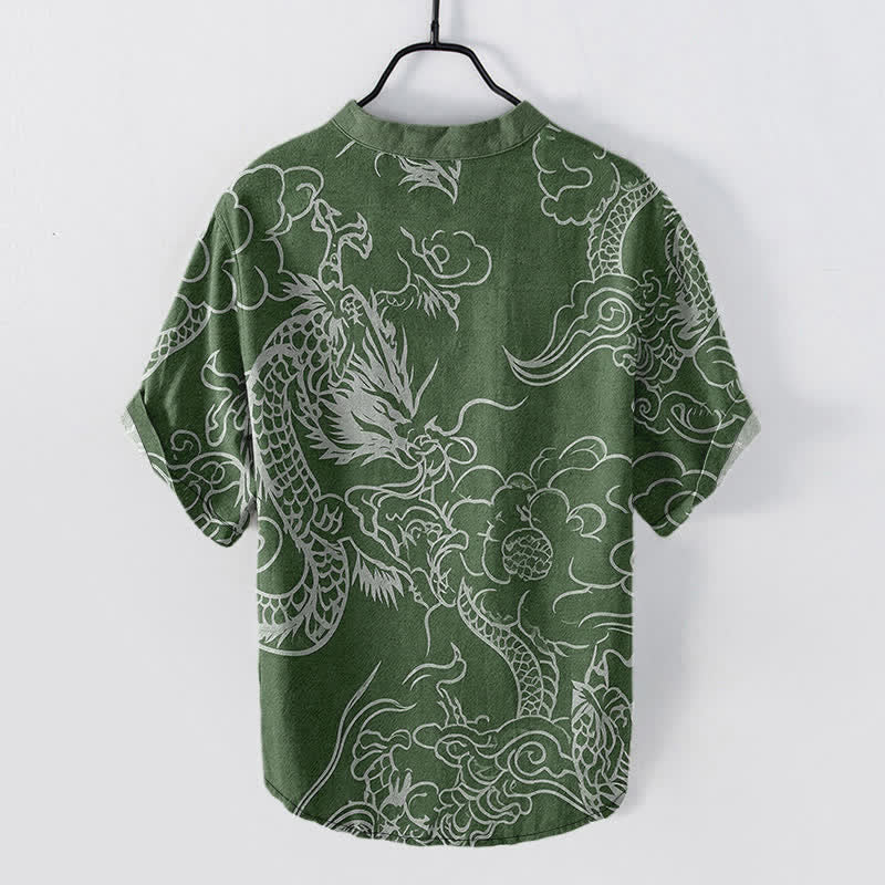 Buddha Stones Chemise à manches courtes pour homme en coton blanc à motif de nuage de dragon et demi-boutonnage - image 6