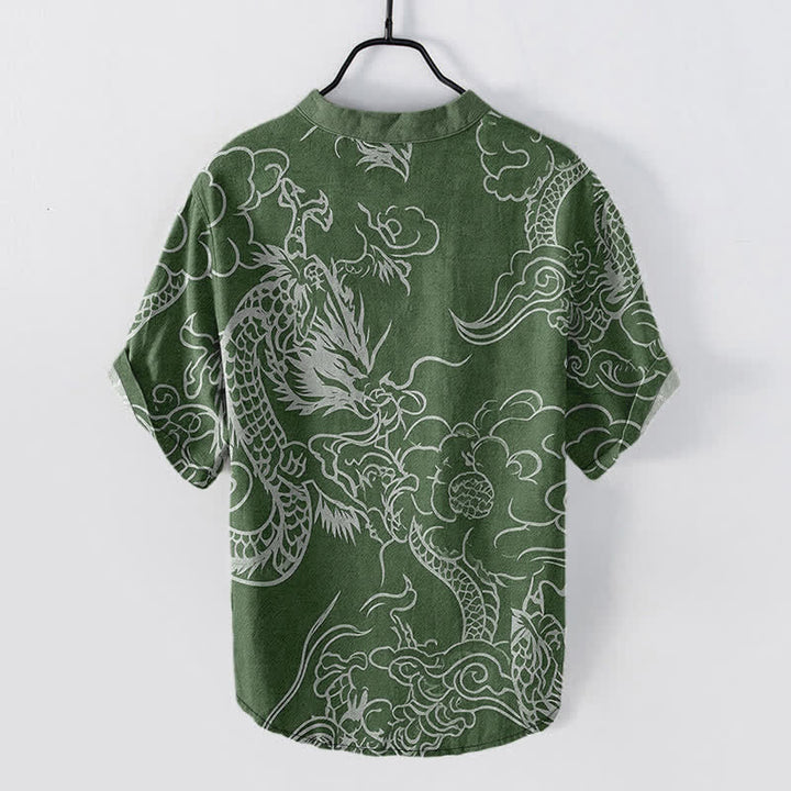 Buddha Stones Chemise à manches courtes pour homme en coton blanc à motif de nuage de dragon et demi-boutonnage - image 6