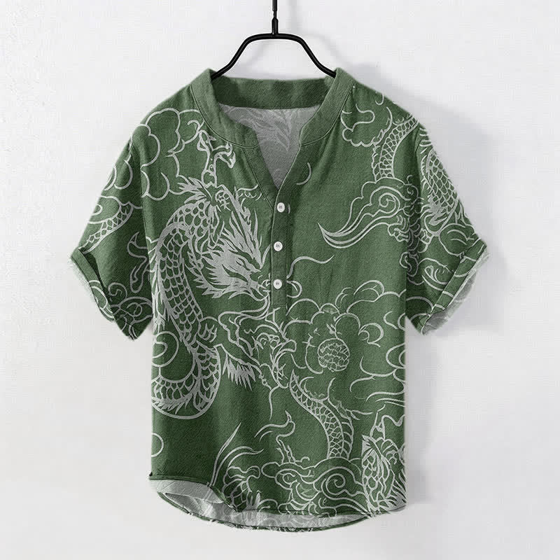 Buddha Stones Chemise à manches courtes pour homme en coton blanc à motif de nuage de dragon et demi-boutonnage - Vert forêt - US/UK/AU50，EU60 (5XL) - image 5
