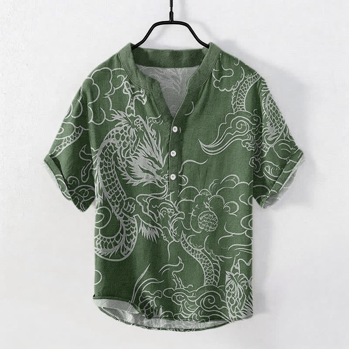 Buddha Stones Chemise à manches courtes pour homme en coton blanc à motif de nuage de dragon et demi-boutonnage - Vert forêt - US/UK/AU50，EU60 (5XL) - image 5