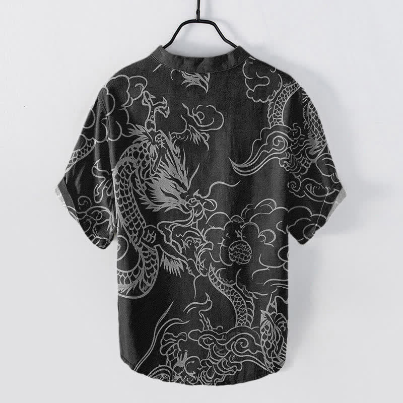 Buddha Stones Chemise à manches courtes pour homme en coton blanc à motif de nuage de dragon et demi-boutonnage - image 8