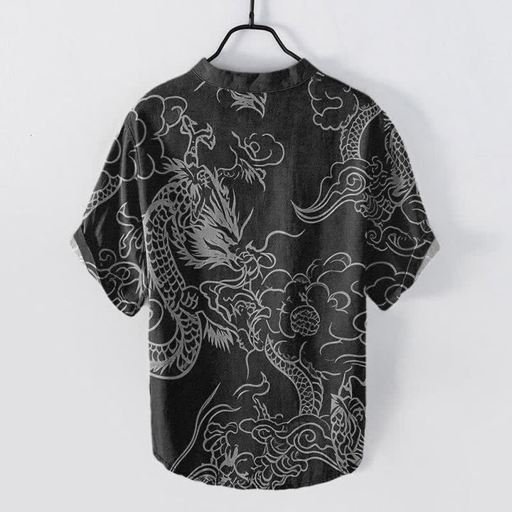 Buddha Stones Chemise à manches courtes pour homme en coton blanc à motif de nuage de dragon et demi-boutonnage - image 8