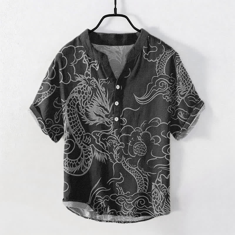 Buddha Stones Chemise à manches courtes pour homme en coton blanc à motif de nuage de dragon et demi-boutonnage - Noir - US/UK/AU50，EU60 (5XL) - image 7