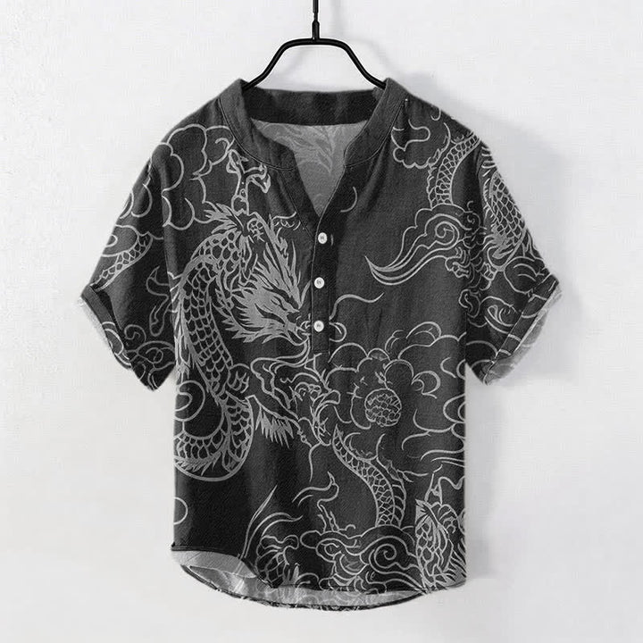 Buddha Stones Chemise à manches courtes pour homme en coton blanc à motif de nuage de dragon et demi-boutonnage - Noir - US/UK/AU50，EU60 (5XL) - image 7