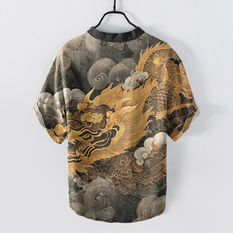 Buddha Stones Chemise homme à manches courtes et demi-boutonnages, motif dragon doré en coton - image 1