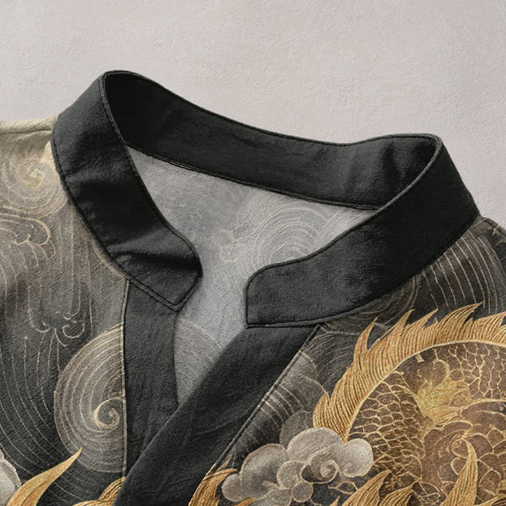 Buddha Stones Chemise homme à manches courtes et demi-boutonnages, motif dragon doré en coton - image 2