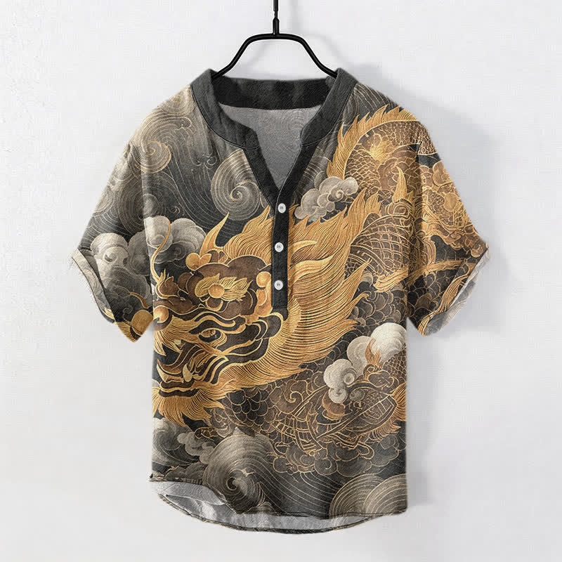 Buddha Stones Chemise homme à manches courtes et demi-boutonnages, motif dragon doré en coton - Gris terne - US/UK/AU50，EU60 (5XL) - image 0