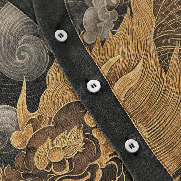 Buddha Stones Chemise homme à manches courtes et demi-boutonnages, motif dragon doré en coton - image 3