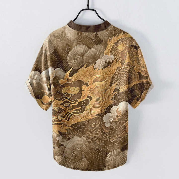 Buddha Stones Chemise homme à manches courtes et demi-boutonnages, motif dragon doré en coton - image 6