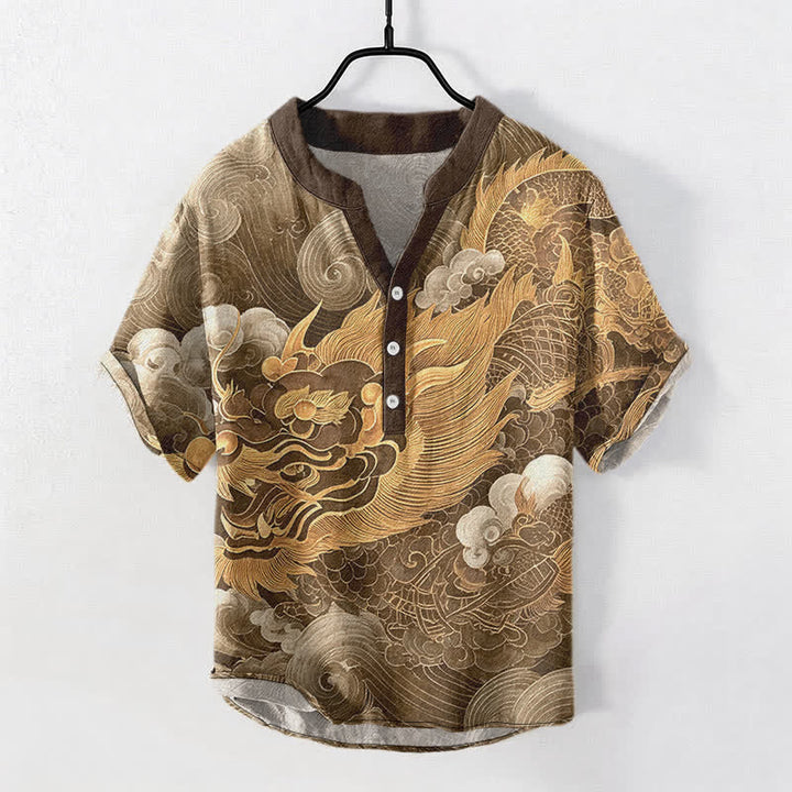 Buddha Stones Chemise homme à manches courtes et demi-boutonnages, motif dragon doré en coton - SaddleBrown - US/UK/AU50，EU60 (5XL) - image 5