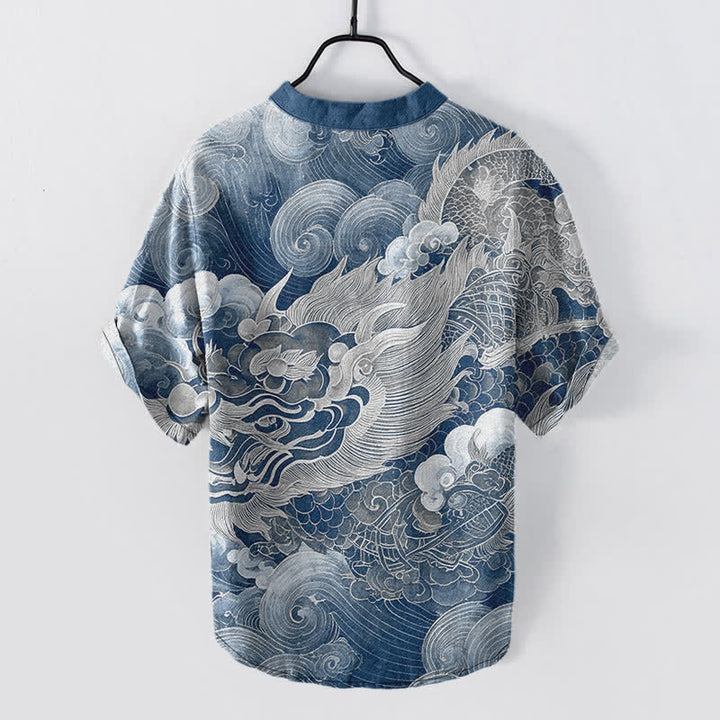 Buddha Stones Chemise homme à manches courtes et demi-boutonnages, motif dragon doré en coton - SteelBlue - US/UK/AU50，EU60 (5XL) - image 7