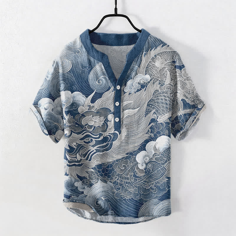 Buddha Stones Chemise homme à manches courtes et demi-boutonnages, motif dragon doré en coton - image 8
