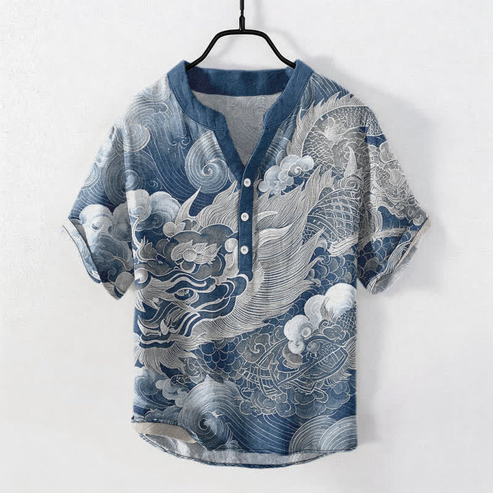 Buddha Stones Chemise homme à manches courtes et demi-boutonnages, motif dragon doré en coton - image 8