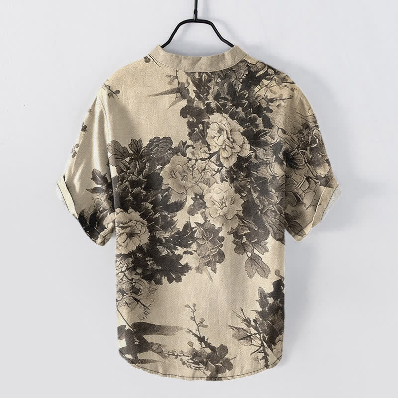 Buddha Stones Chemise homme à manches courtes et demi-boutonnée, motif floral Cotton Ink - Beige - US/UK/AU50，EU60 (5XL) - image 0
