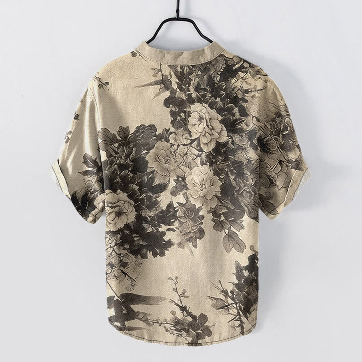 Buddha Stones Chemise homme à manches courtes et demi-boutonnée, motif floral Cotton Ink - Beige - US/UK/AU50，EU60 (5XL) - image 0