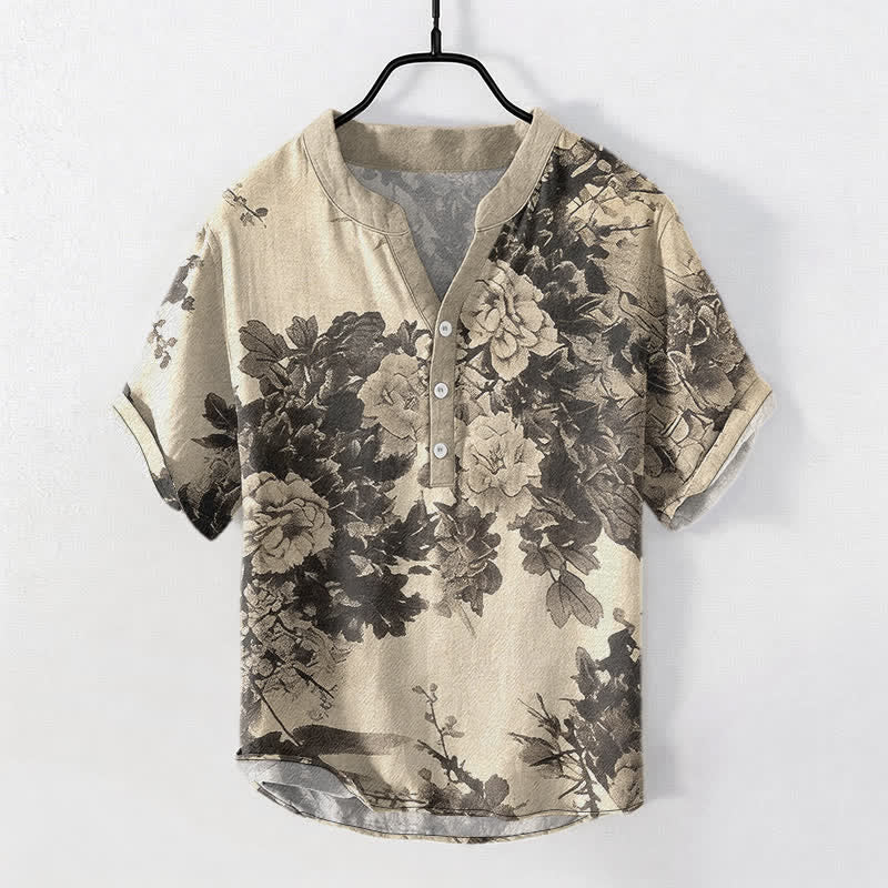 Buddha Stones Chemise homme à manches courtes et demi-boutonnée, motif floral Cotton Ink - image 1