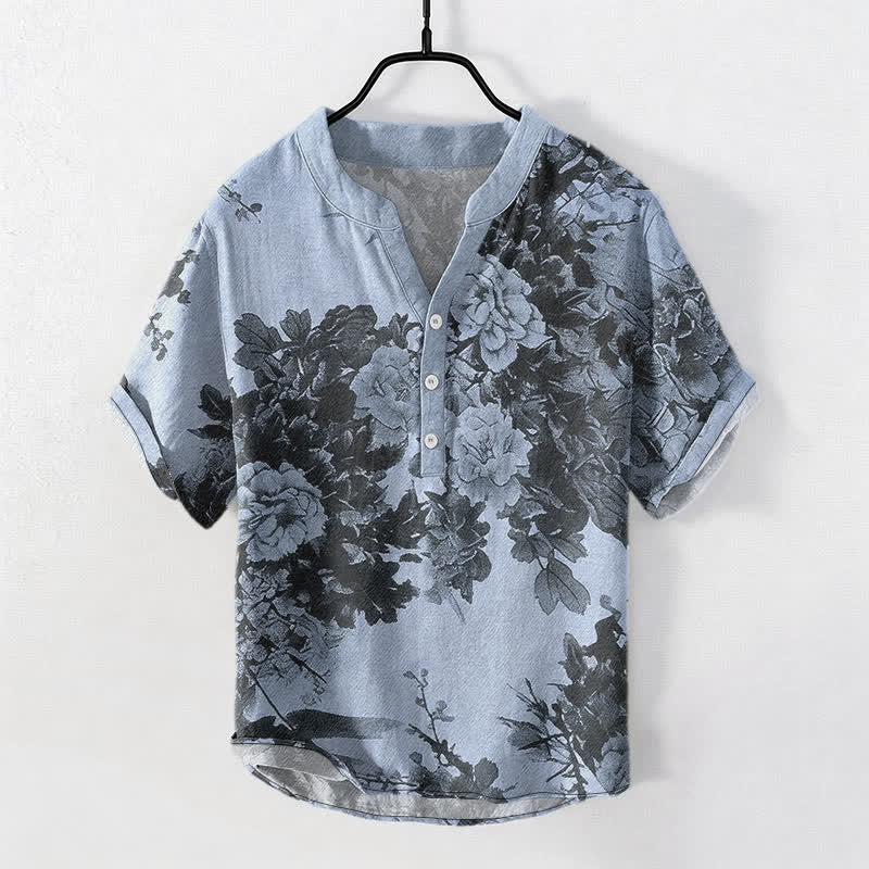 Buddha Stones Chemise homme à manches courtes et demi-boutonnée, motif floral Cotton Ink - Bleu acier clair - US/UK/AU50，EU60 (5XL) - image 5