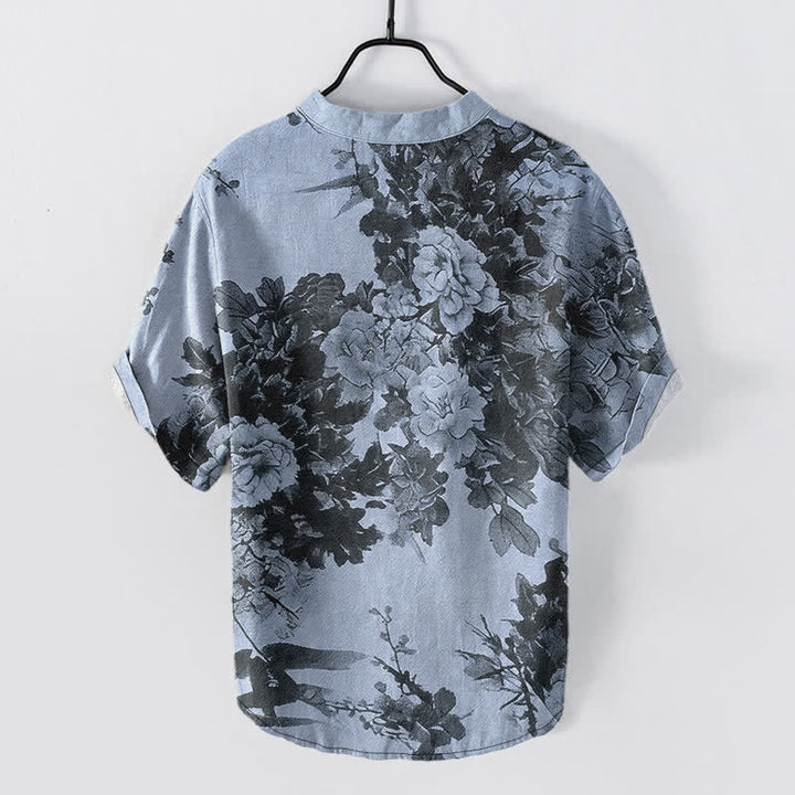 Buddha Stones Chemise homme à manches courtes et demi-boutonnée, motif floral Cotton Ink - image 6