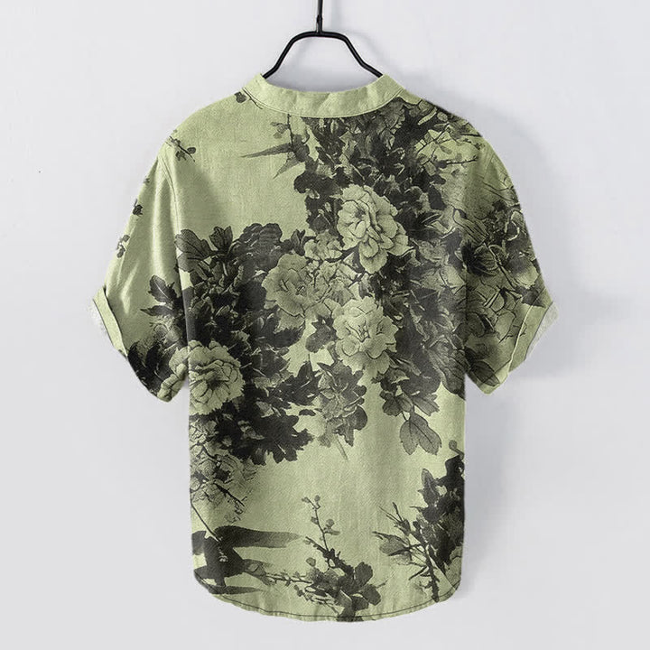Buddha Stones Chemise homme à manches courtes et demi-boutonnée, motif floral Cotton Ink - image 8