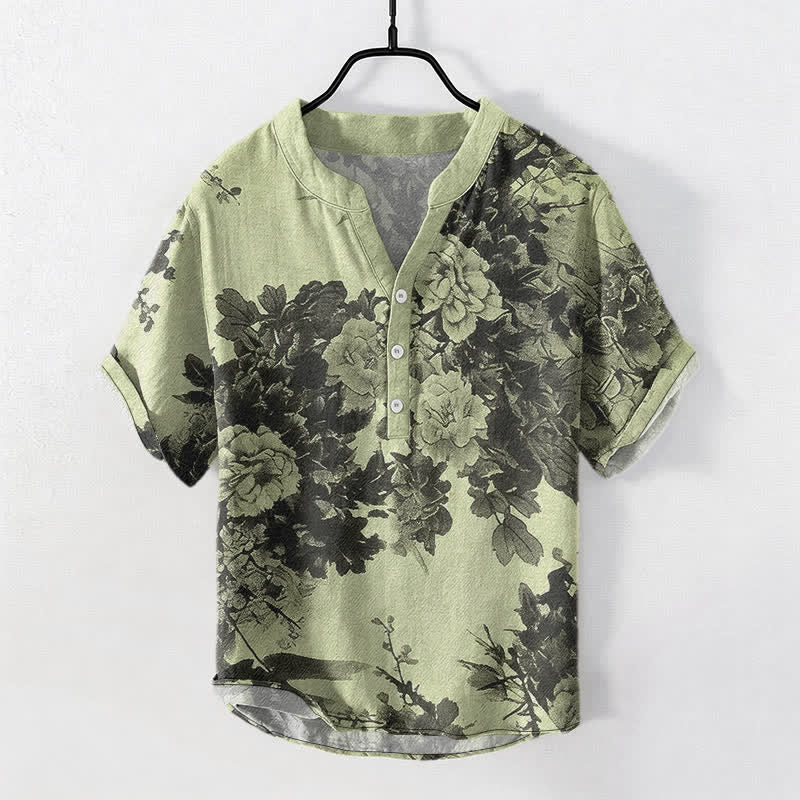 Buddha Stones Chemise homme à manches courtes et demi-boutonnée, motif floral Cotton Ink - Vert pâle - US/UK/AU50，EU60 (5XL) - image 7