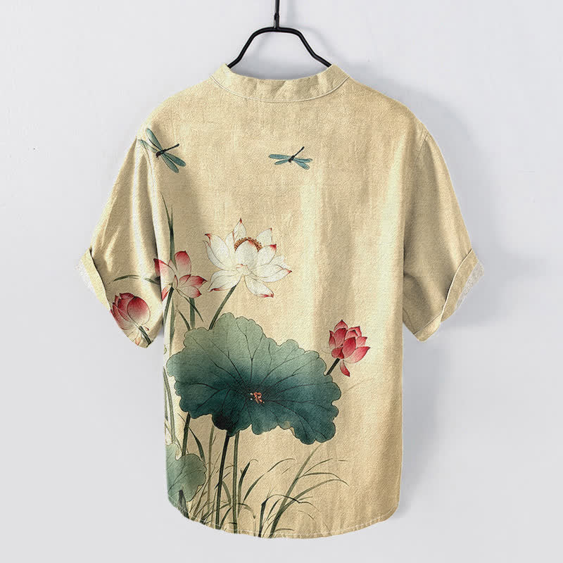 Buddha Stones Chemise homme à manches courtes et demi-boutonnages, motif lotus et libellule en coton - image 1