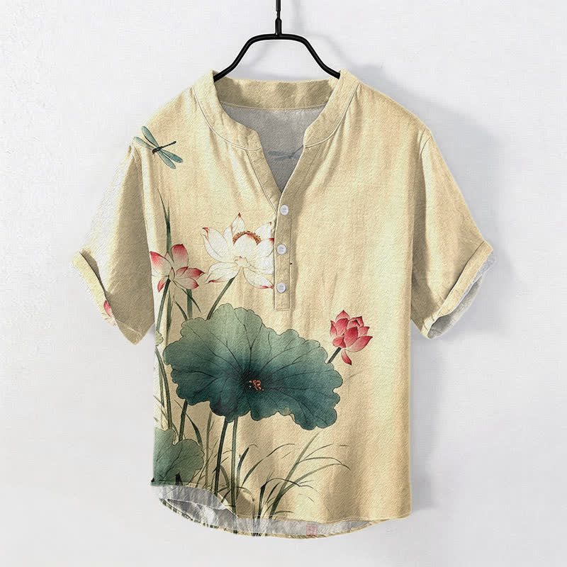 Buddha Stones Chemise homme à manches courtes et demi-boutonnages, motif lotus et libellule en coton - Lin - US/UK/AU50，EU60 (5XL) - image 0