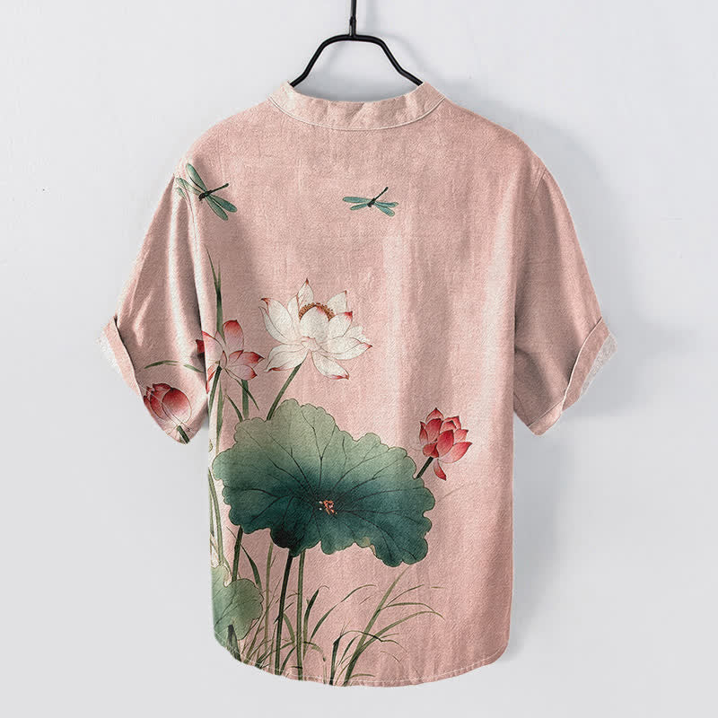 Buddha Stones Chemise homme à manches courtes et demi-boutonnages, motif lotus et libellule en coton - image 4