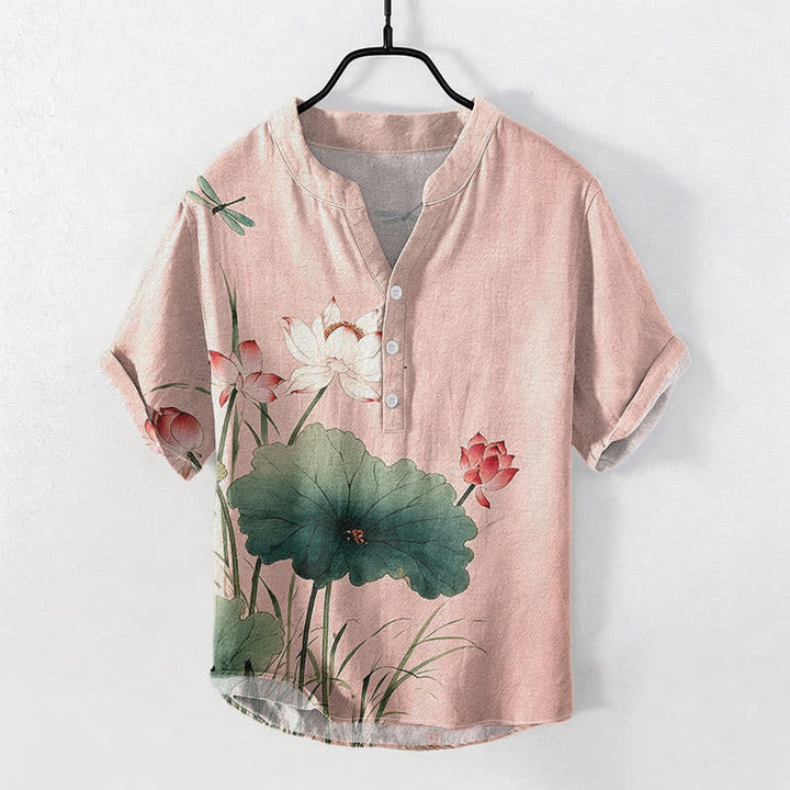 Buddha Stones Chemise homme à manches courtes et demi-boutonnages, motif lotus et libellule en coton - Rose clair - US/UK/AU50，EU60 (5XL) - image 3