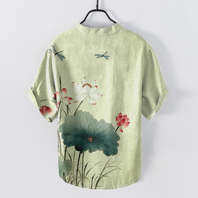 Buddha Stones Chemise homme à manches courtes et demi-boutonnages, motif lotus et libellule en coton - image 6
