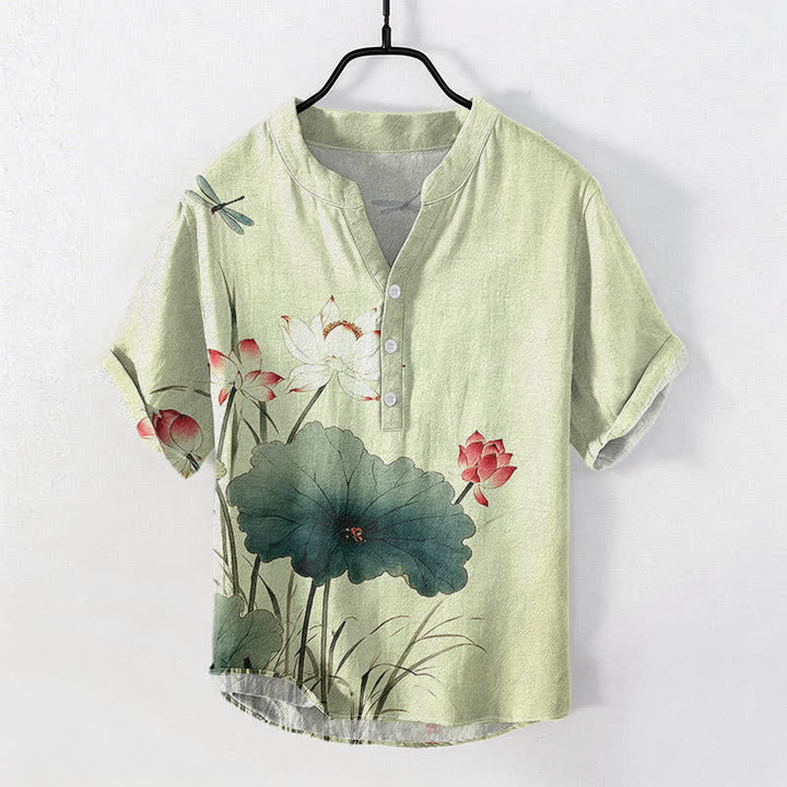 Buddha Stones Chemise homme à manches courtes et demi-boutonnages, motif lotus et libellule en coton - Vert pâle - US/UK/AU50，EU60 (5XL) - image 5